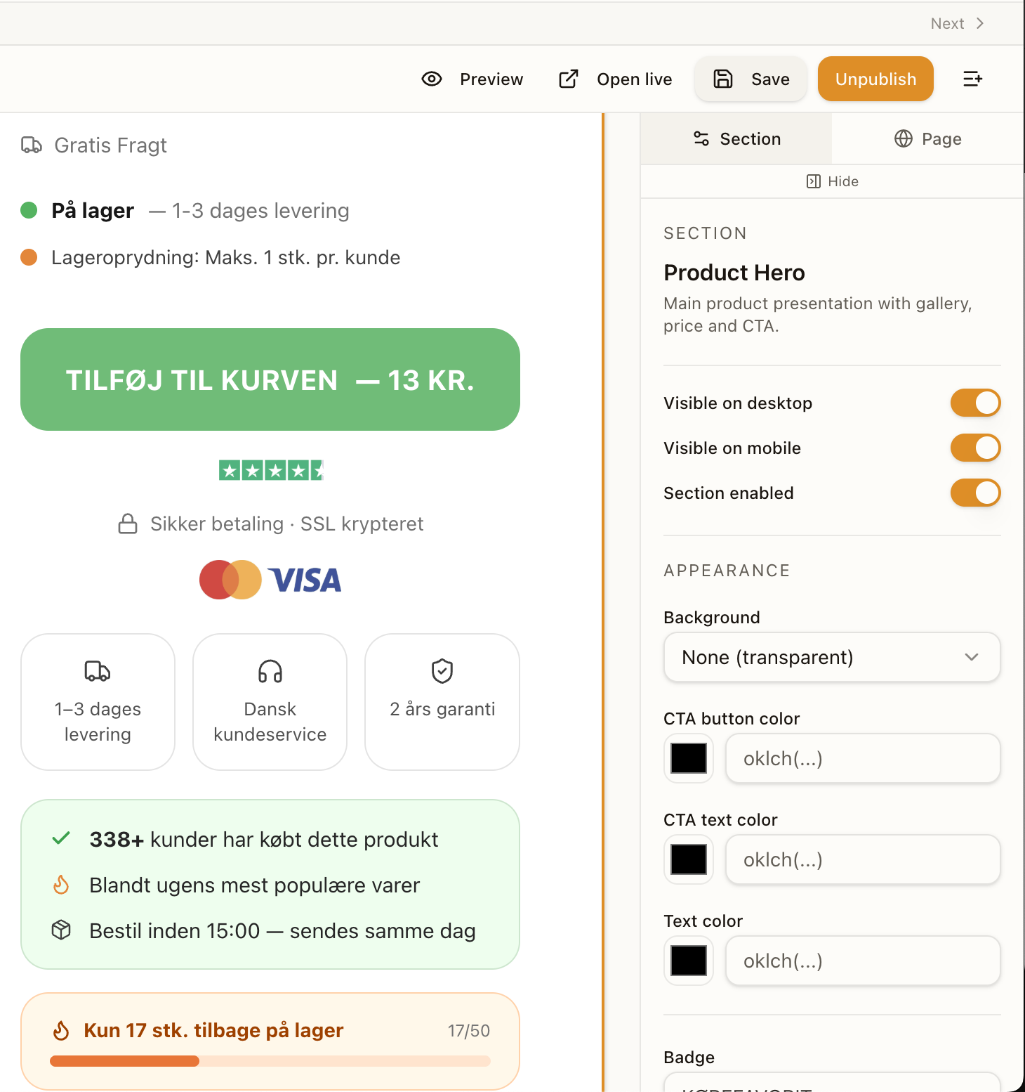 Landing page and product page editor with hero, pricing and trust badge configuration