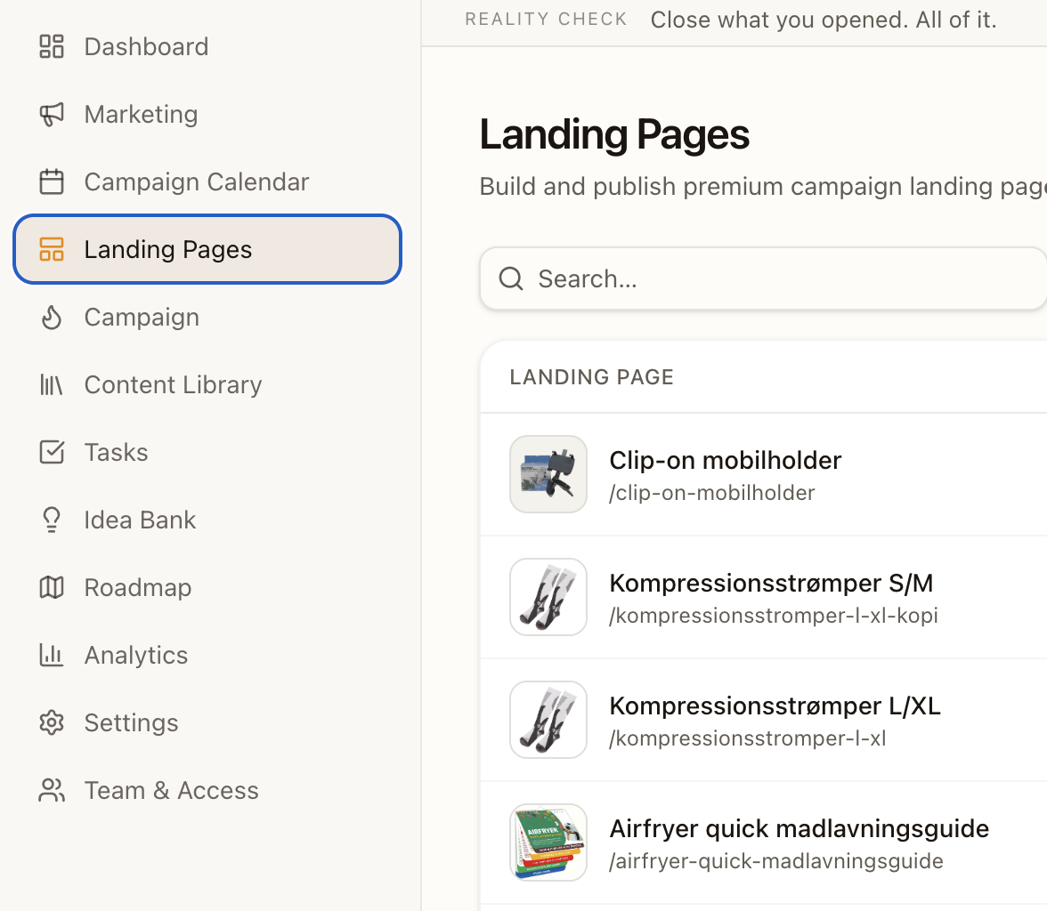 Internal management dashboard listing campaign landing pages with search and navigation