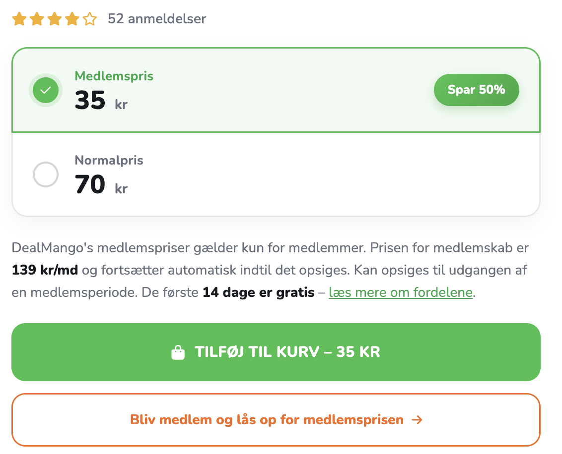 Product pricing block showing a member price alongside the regular price