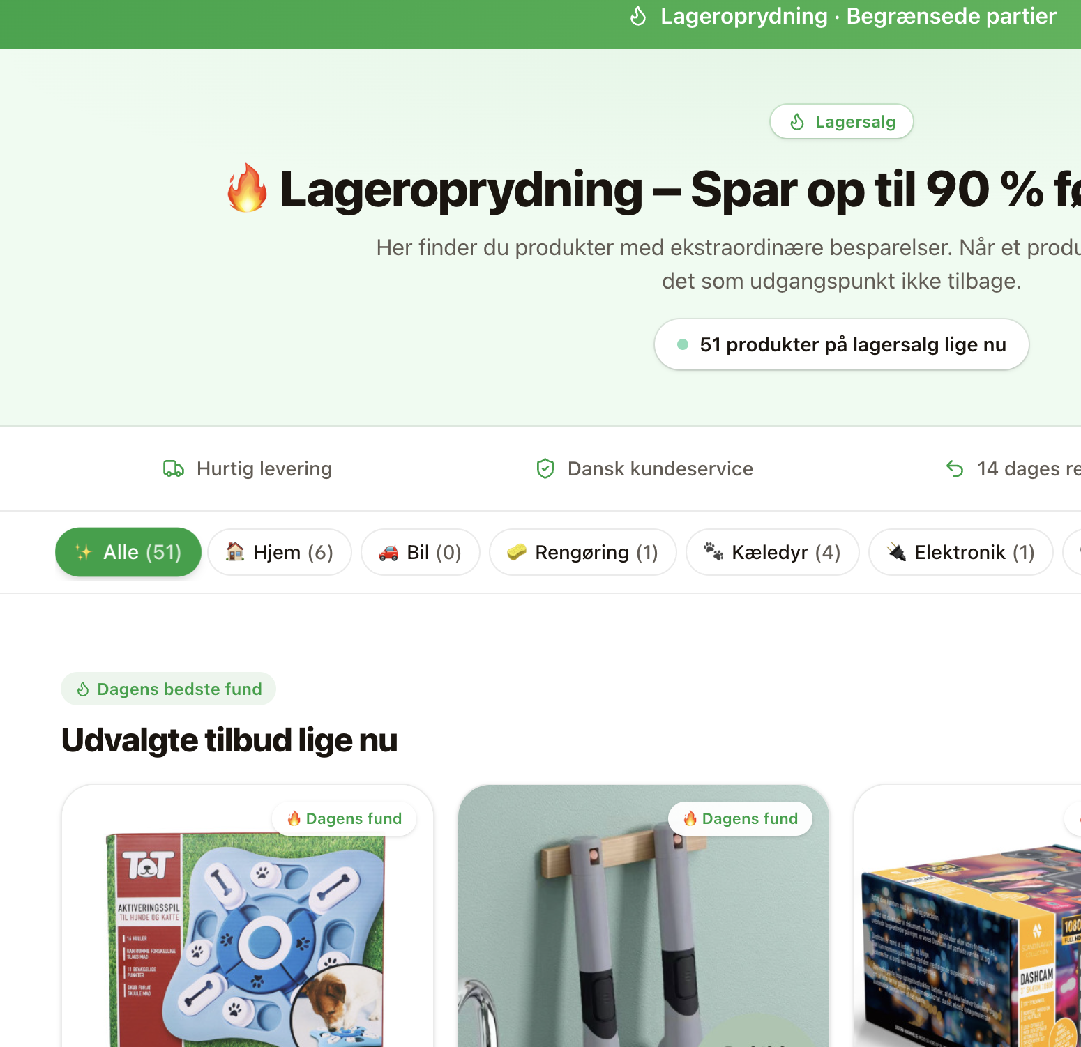 Clearance campaign landing page with category filters and featured discounted products